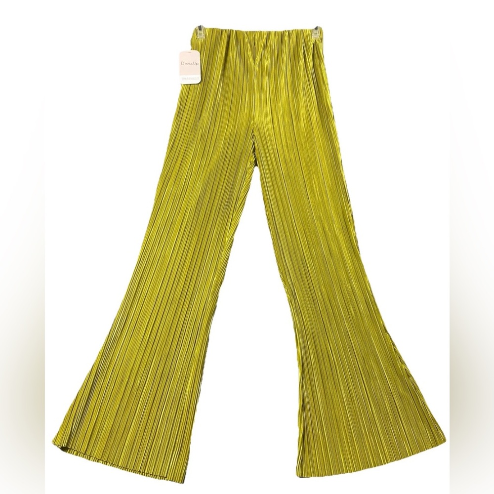 DressUp Women Pleat Silky Shiny Elastic Waist Pull-up Pants Lime Sz M NWT